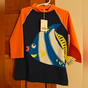 Mini Boden Kids Swim Rash Guard with Fish Design - Orange and Navy 6-7 Years